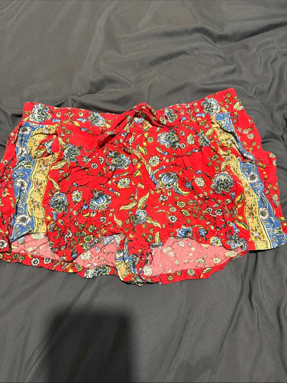 BeBop Red Floral Drawstring Athletic Shorts with Blue & Gold Accents